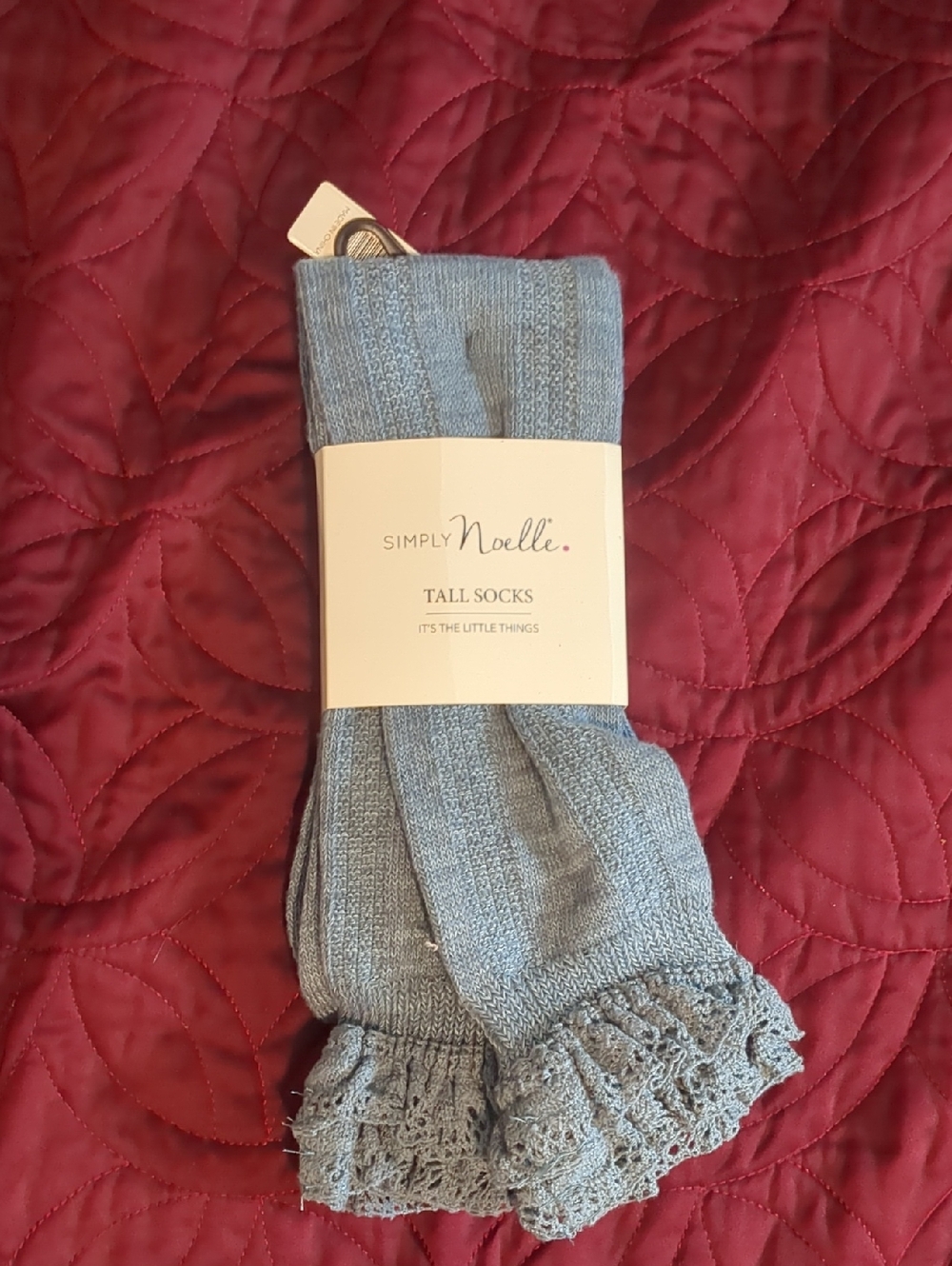 NWT Simply Noelle Light Blue Ribbed Tall Socks with Lace Trim